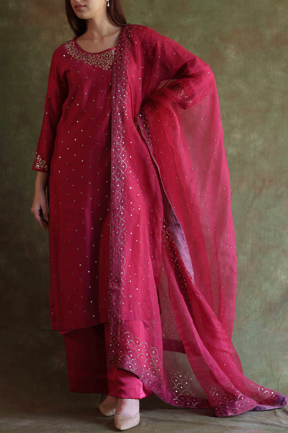 Hot Pink Chanderi Silk Mukaish Badla Kurta Set