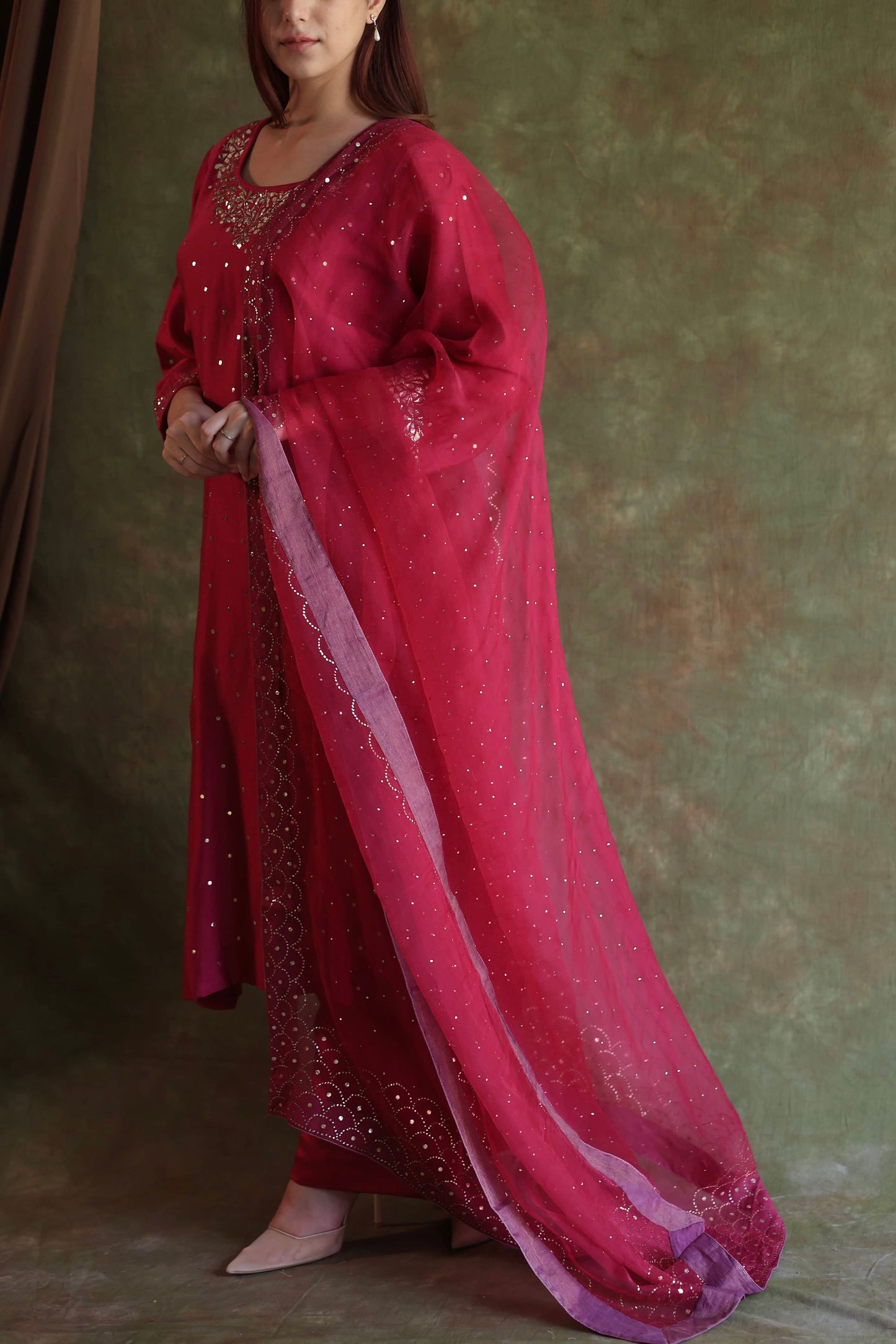 Hot Pink Chanderi Silk Mukaish Badla Kurta Set