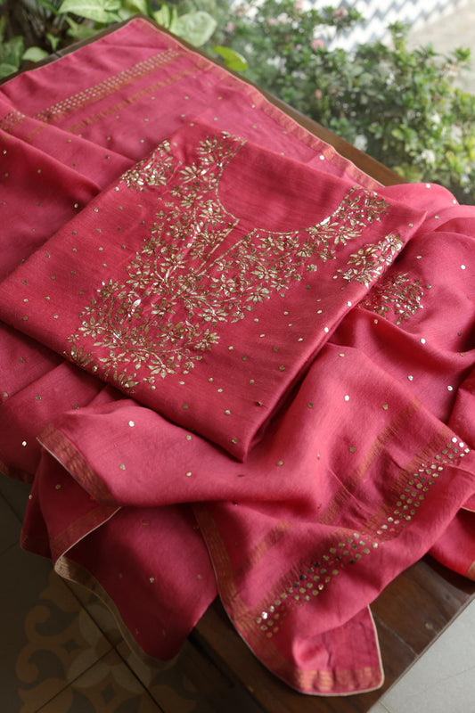 Hot Pink Chanderi Silk Mukaish Badla Unstitched Fabrics