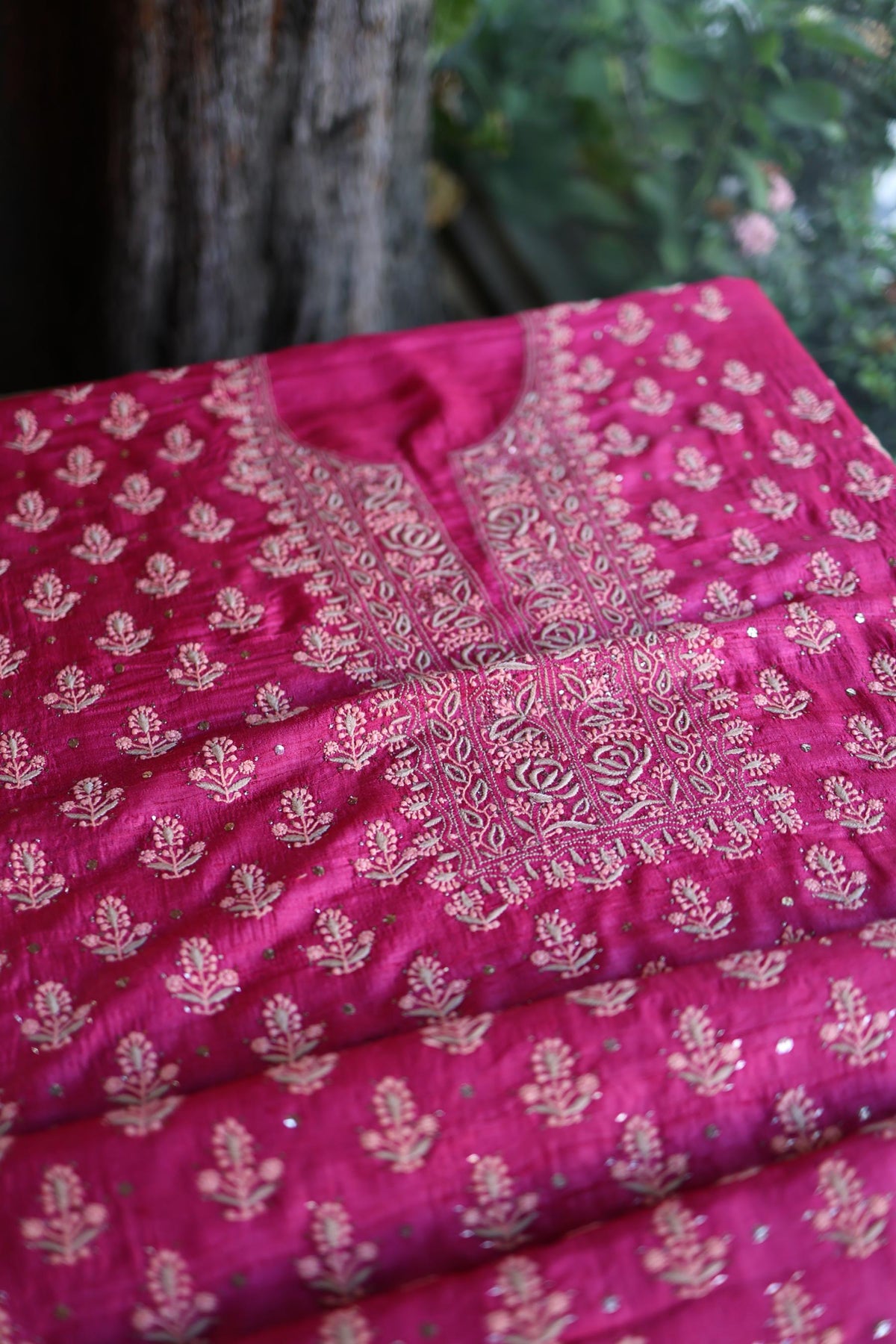 Hot Pink Shade Tussar Silk Chikankari & Mukaish Kamdani Unstitched Kurta Dupatta Set