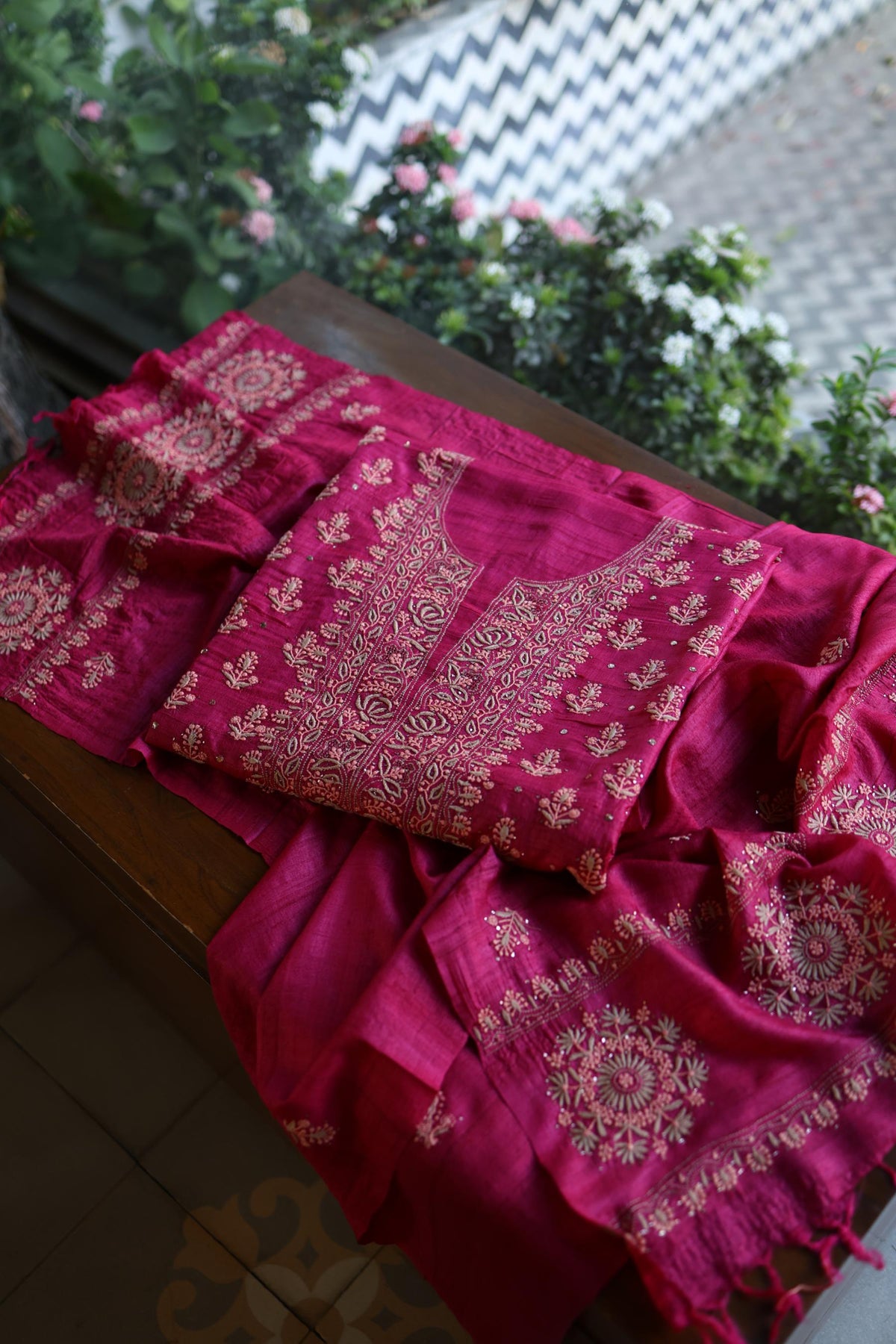 Hot Pink Shade Tussar Silk Chikankari & Mukaish Kamdani Unstitched Kurta Dupatta Set
