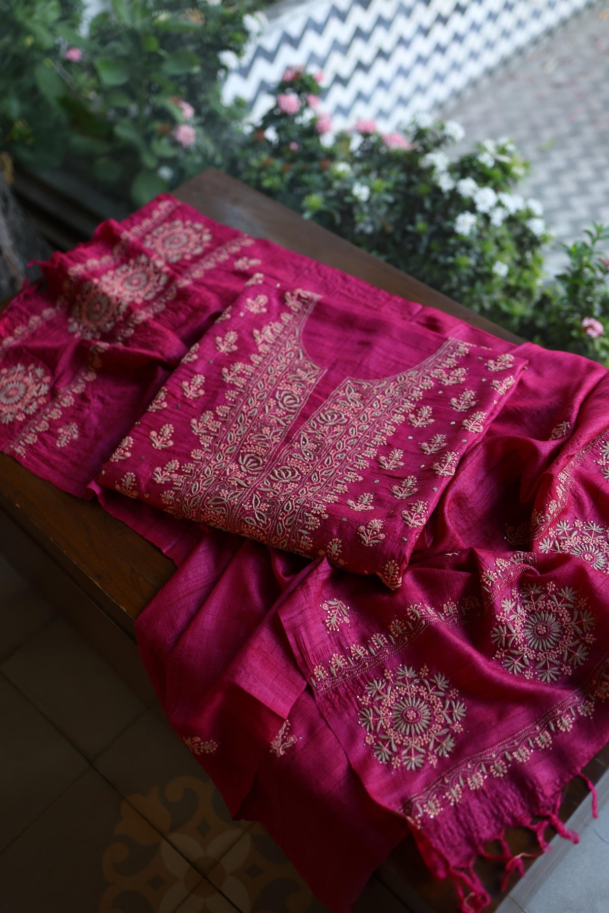 Hot Pink Shade Tussar Silk Chikankari & Mukaish Kamdani Unstitched Kurta Dupatta Set
