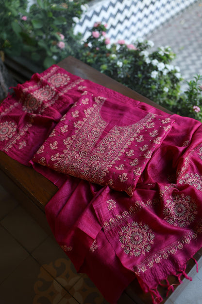 Hot Pink Shade Tussar Silk Chikankari & Mukaish Kamdani Unstitched Kurta Dupatta Set