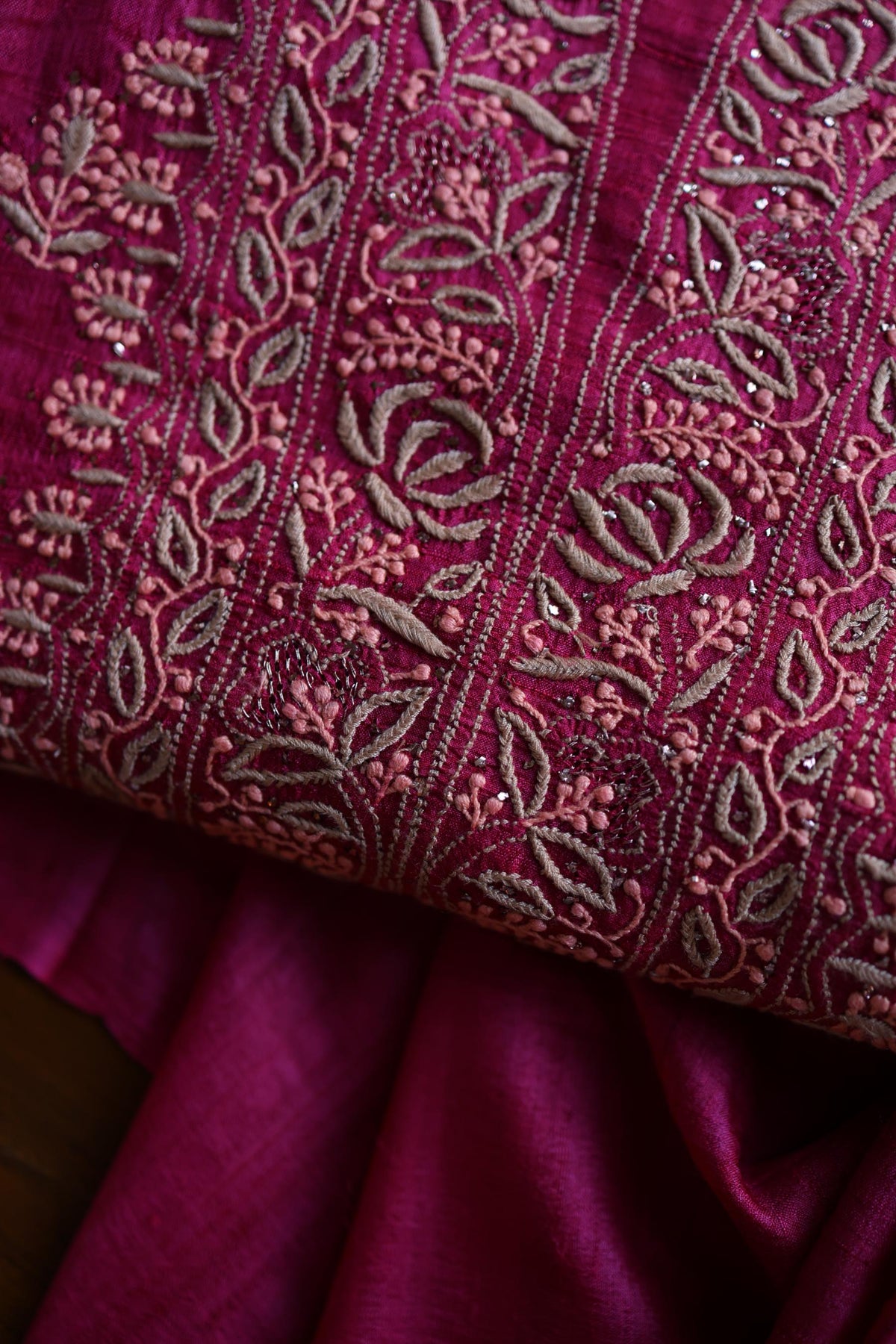 Hot Pink Shade Tussar Silk Chikankari & Mukaish Kamdani Unstitched Kurta Dupatta Set