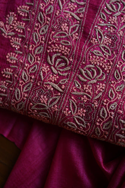 Hot Pink Shade Tussar Silk Chikankari & Mukaish Kamdani Unstitched Kurta Dupatta Set