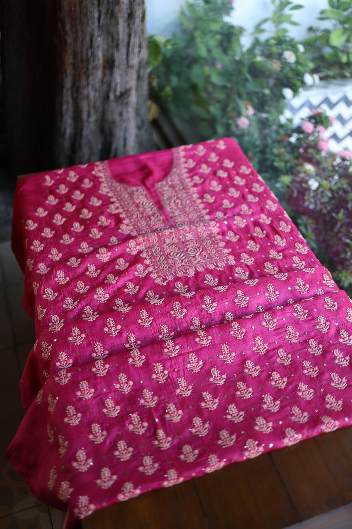 Hot Pink Shade Tussar Silk Chikankari & Mukaish Kamdani Unstitched Kurta Dupatta Set