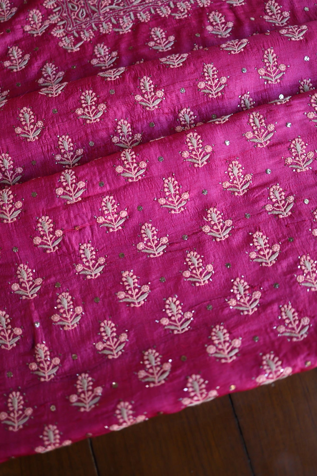 Hot Pink Shade Tussar Silk Chikankari & Mukaish Kamdani Unstitched Kurta Dupatta Set
