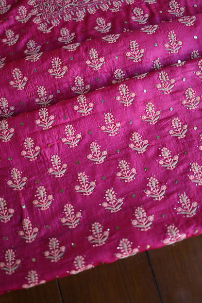 Hot Pink Shade Tussar Silk Chikankari & Mukaish Kamdani Unstitched Kurta Dupatta Set