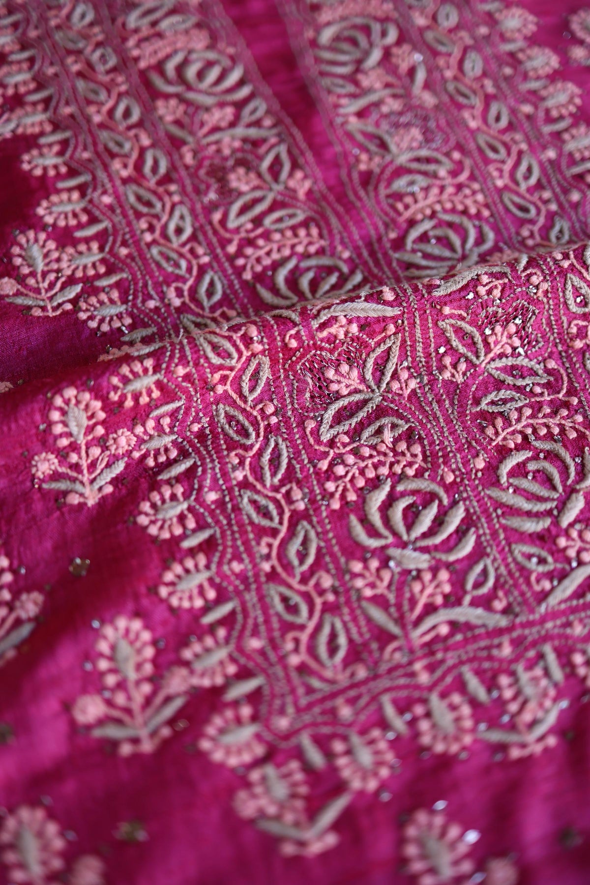 Hot Pink Shade Tussar Silk Chikankari & Mukaish Kamdani Unstitched Kurta Dupatta Set