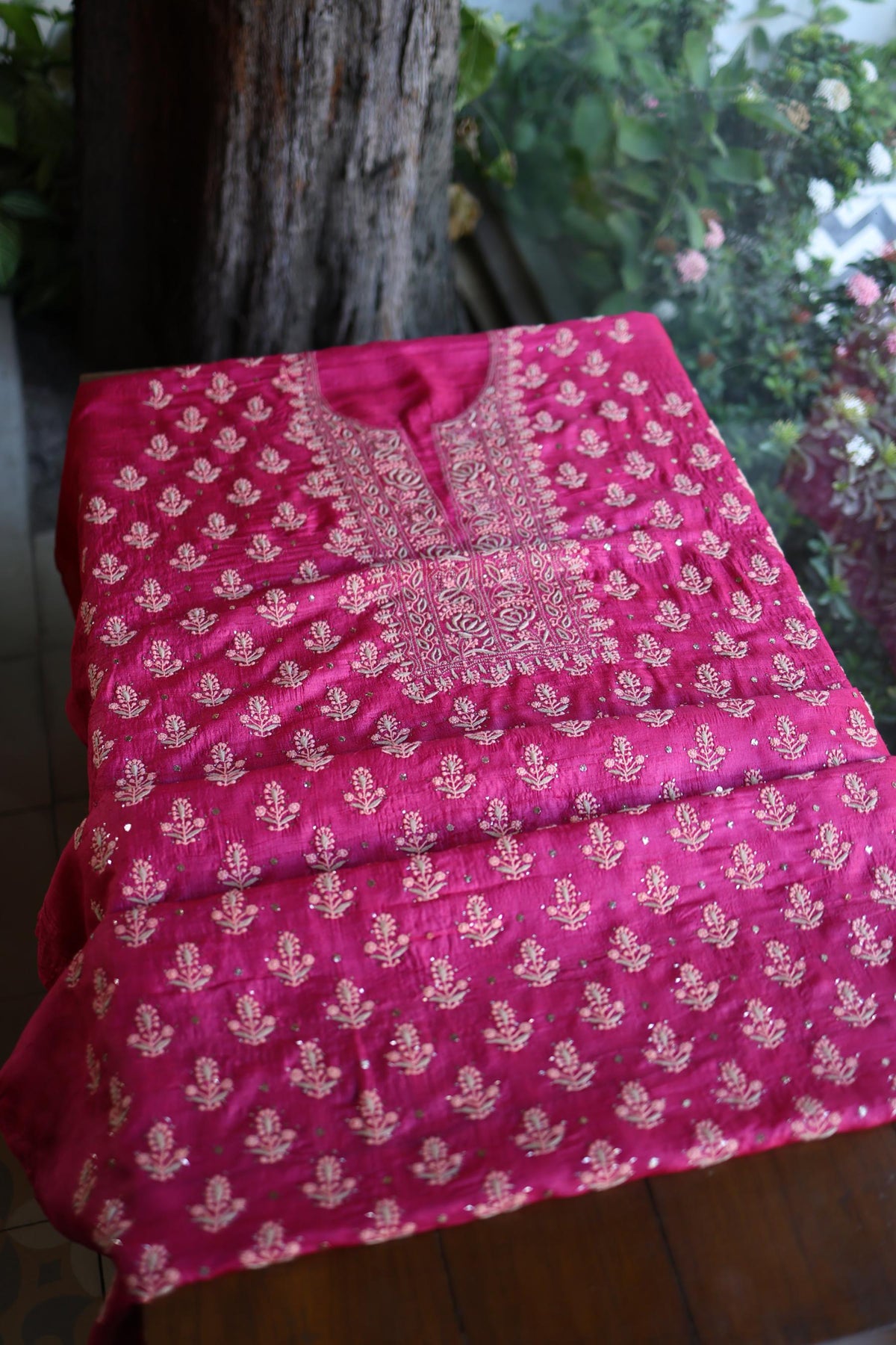 Hot Pink Shade Tussar Silk Chikankari & Mukaish Kamdani Unstitched Kurta Dupatta Set