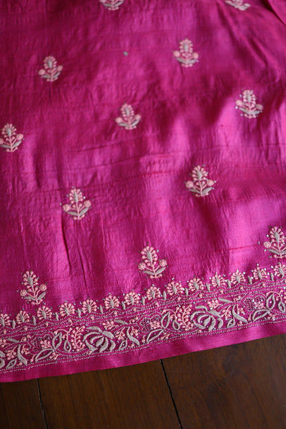 Hot Pink Shade Tussar Silk Chikankari & Mukaish Kamdani Unstitched Kurta Dupatta Set