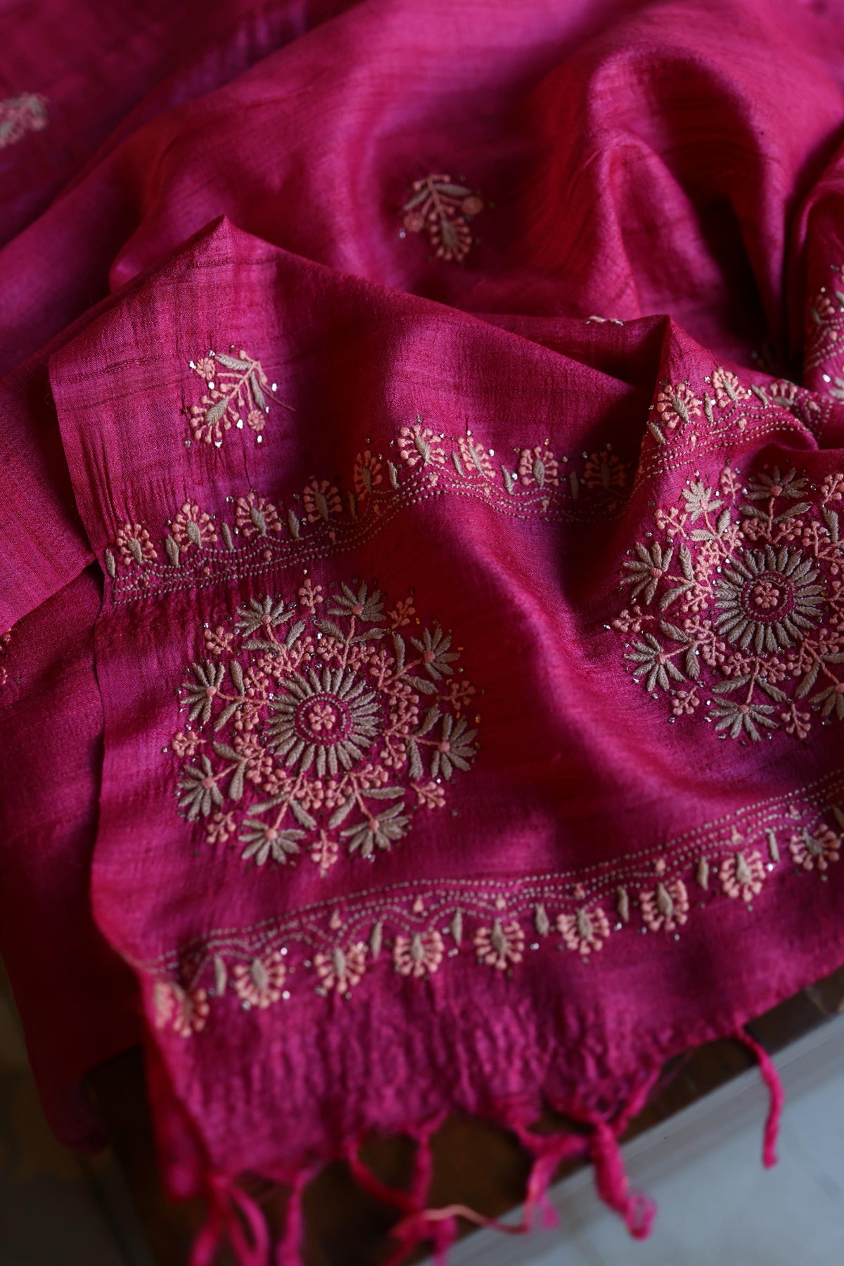 Hot Pink Shade Tussar Silk Chikankari & Mukaish Kamdani Unstitched Kurta Dupatta Set