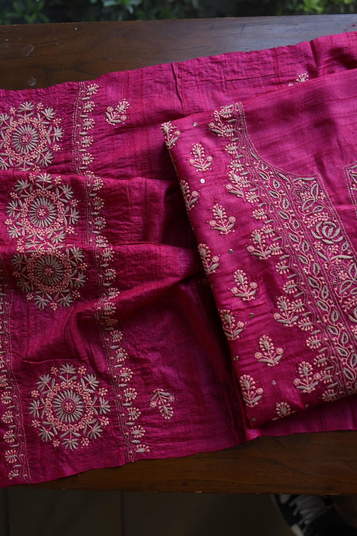Hot Pink Shade Tussar Silk Chikankari & Mukaish Kamdani Unstitched Kurta Dupatta Set