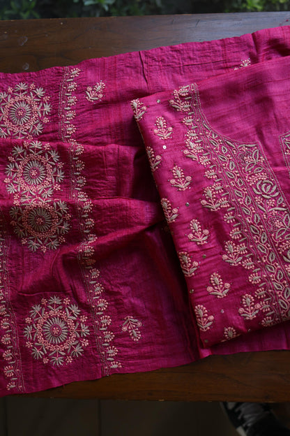 Hot Pink Shade Tussar Silk Chikankari & Mukaish Kamdani Unstitched Kurta Dupatta Set