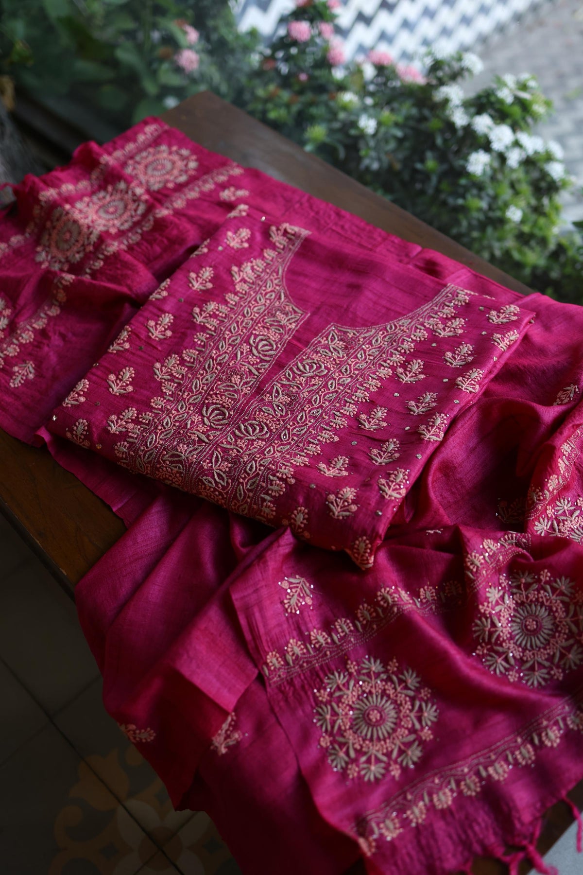Hot Pink Shade Tussar Silk Chikankari & Mukaish Kamdani Unstitched Kurta Dupatta Set