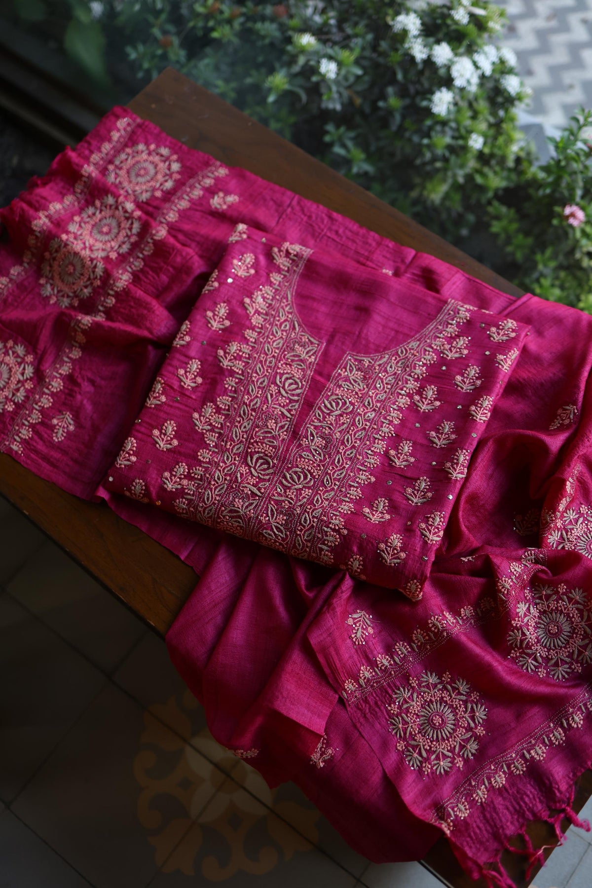 Hot Pink Shade Tussar Silk Chikankari & Mukaish Kamdani Unstitched Kurta Dupatta Set