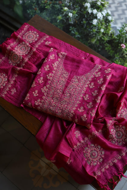 Hot Pink Shade Tussar Silk Chikankari & Mukaish Kamdani Unstitched Kurta Dupatta Set