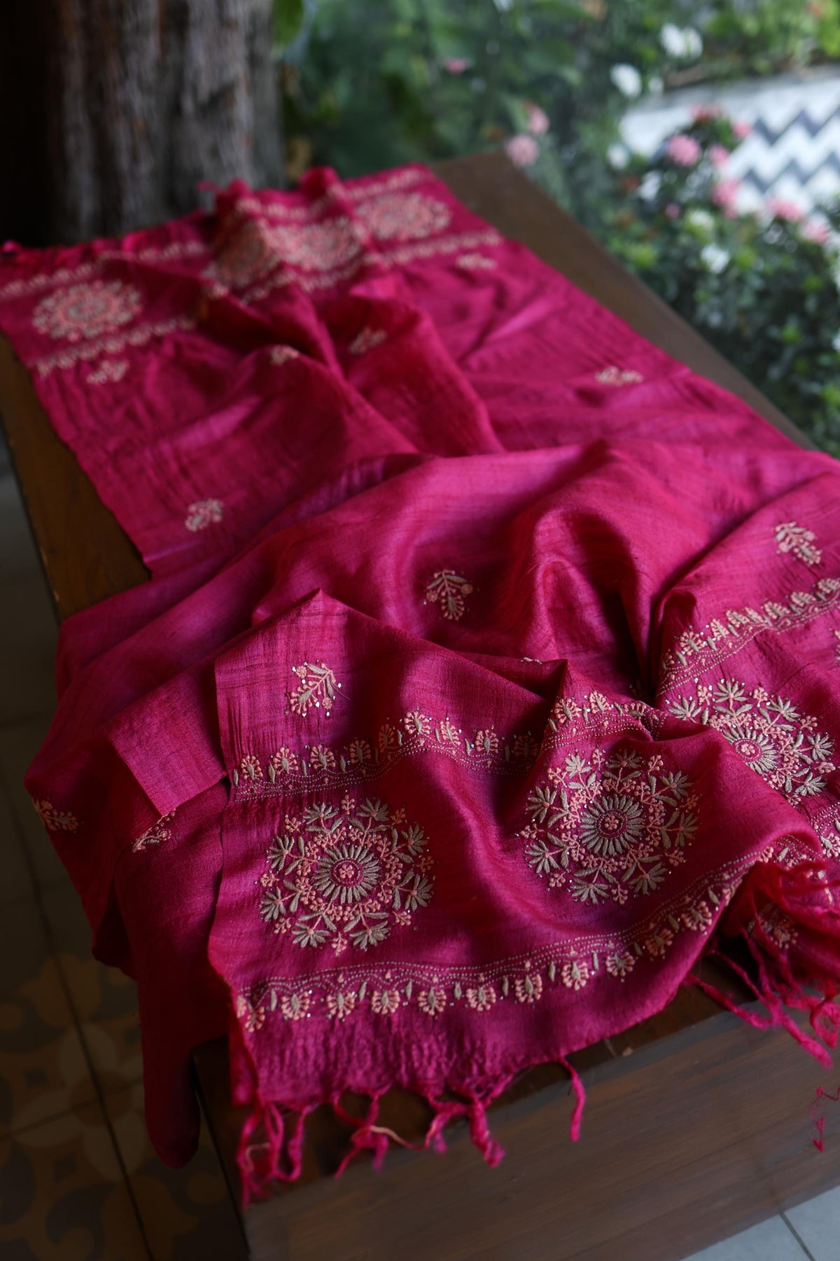 Hot Pink Shade Tussar Silk Chikankari & Mukaish Kamdani Unstitched Kurta Dupatta Set