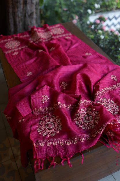Hot Pink Shade Tussar Silk Chikankari & Mukaish Kamdani Unstitched Kurta Dupatta Set