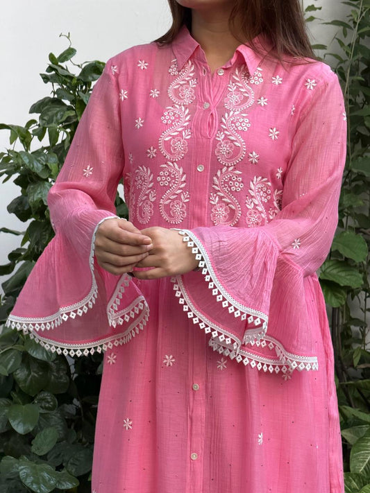 Hot Pink Mal chikankari Dress With Bell Sleeves