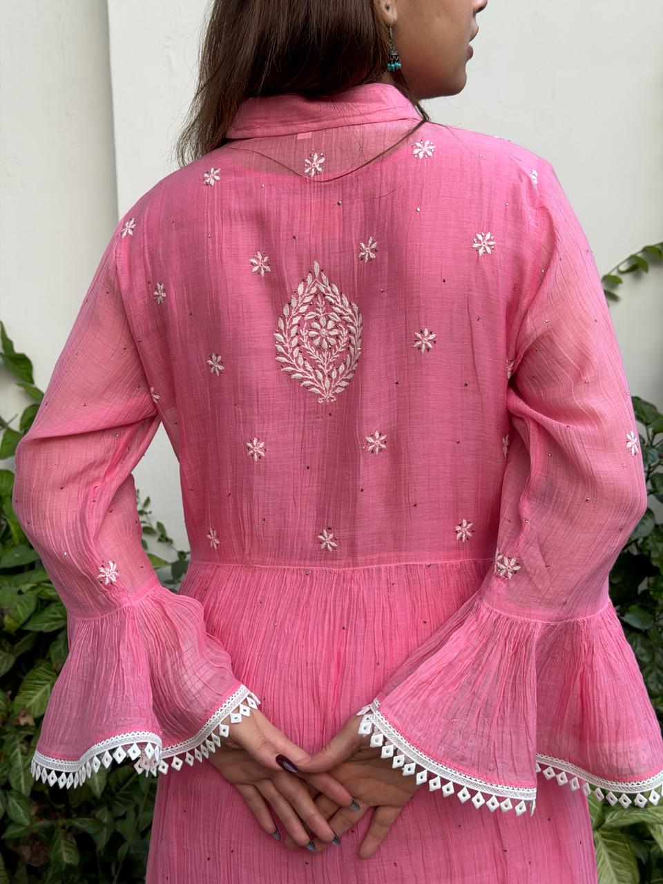 Hot Pink Mal chikankari Dress With Bell Sleeves