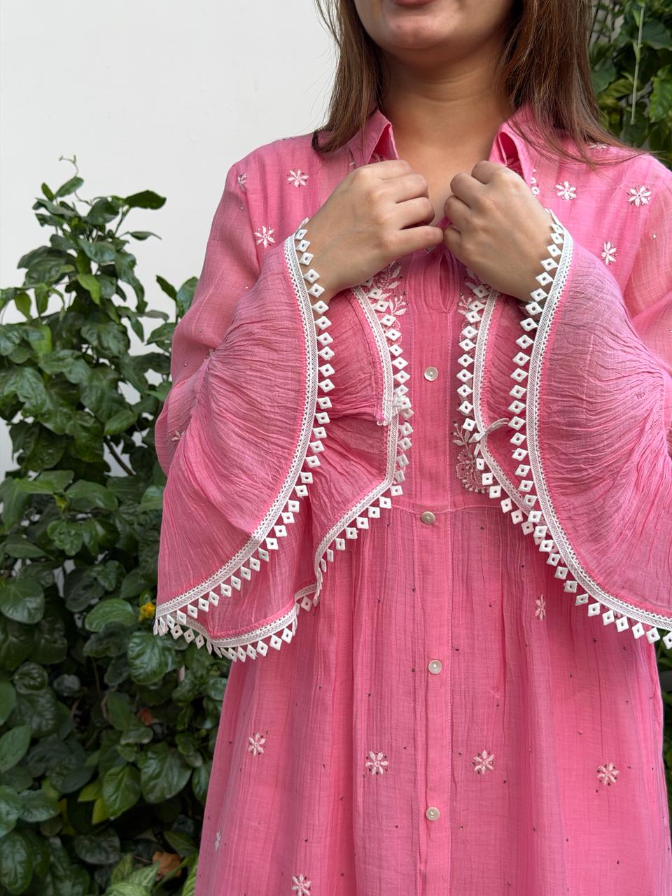 Hot Pink Mal chikankari Dress With Bell Sleeves