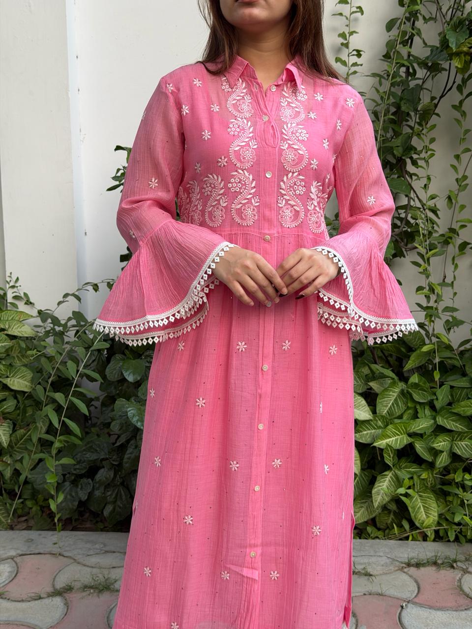 Hot Pink Mal chikankari Dress With Bell Sleeves