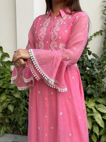 Hot Pink Mal chikankari Dress With Bell Sleeves
