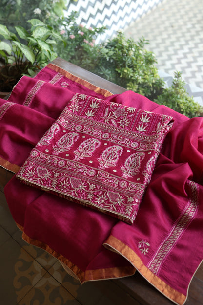 Hot Pink Moonga Silk Chikankari Unstitched Fabric