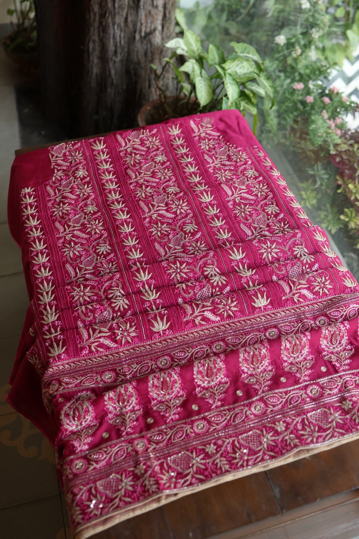 Hot Pink Moonga Silk Chikankari Unstitched Fabric