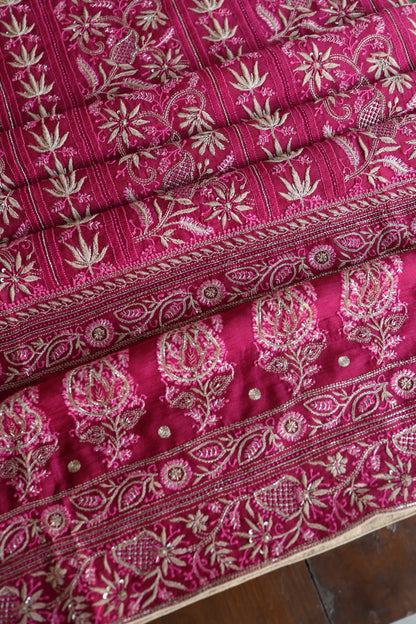 Hot Pink Moonga Silk Chikankari Unstitched Fabric