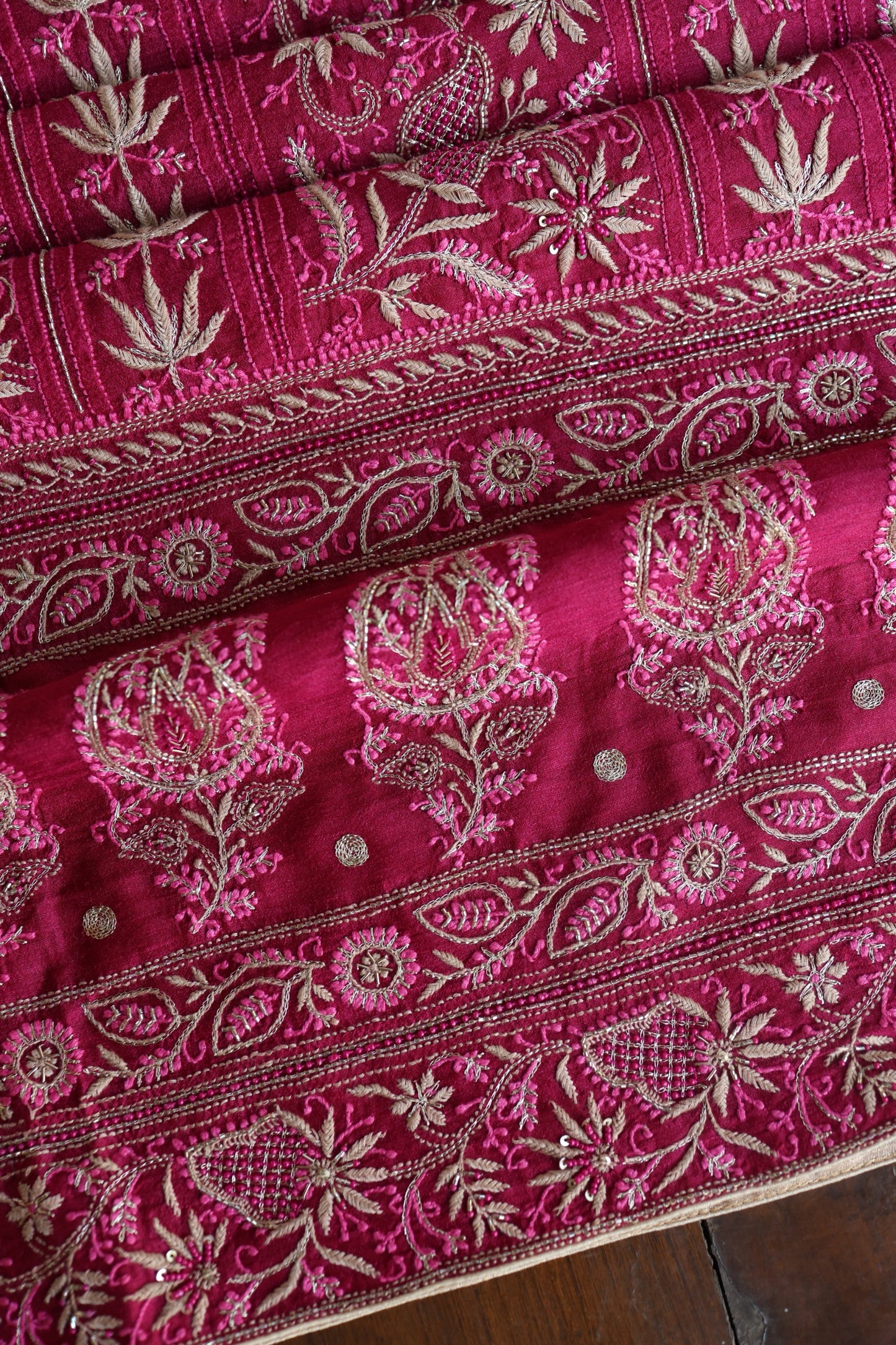 Hot Pink Moonga Silk Chikankari Unstitched Fabric