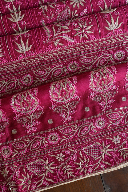 Hot Pink Moonga Silk Chikankari Unstitched Fabric
