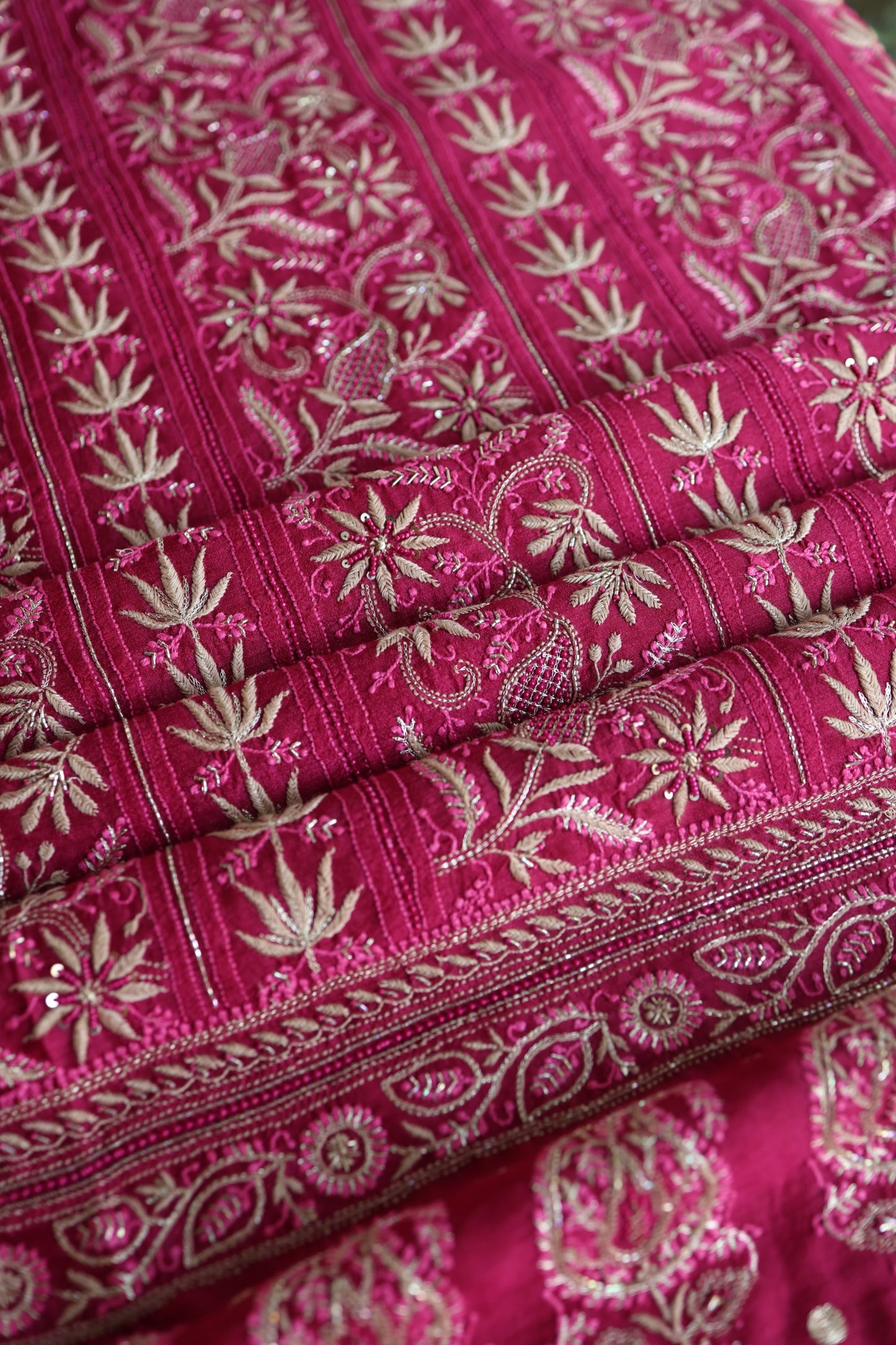 Hot Pink Moonga Silk Chikankari Unstitched Fabric