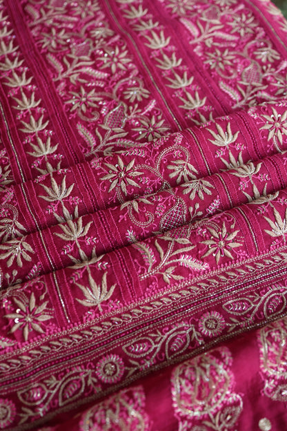 Hot Pink Moonga Silk Chikankari Unstitched Fabric