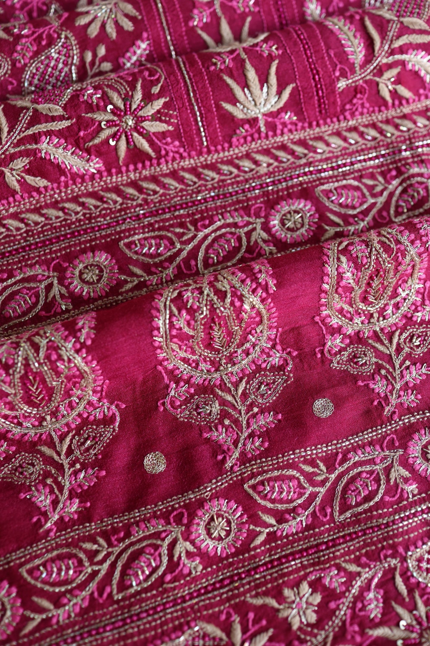 Hot Pink Moonga Silk Chikankari Unstitched Fabric