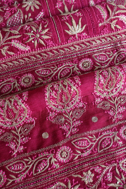 Hot Pink Moonga Silk Chikankari Unstitched Fabric
