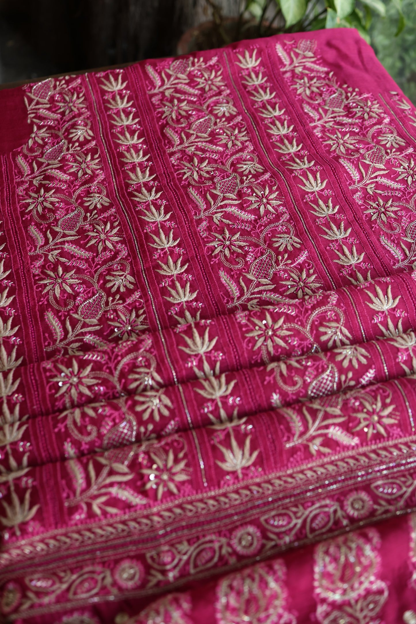 Hot Pink Moonga Silk Chikankari Unstitched Fabric