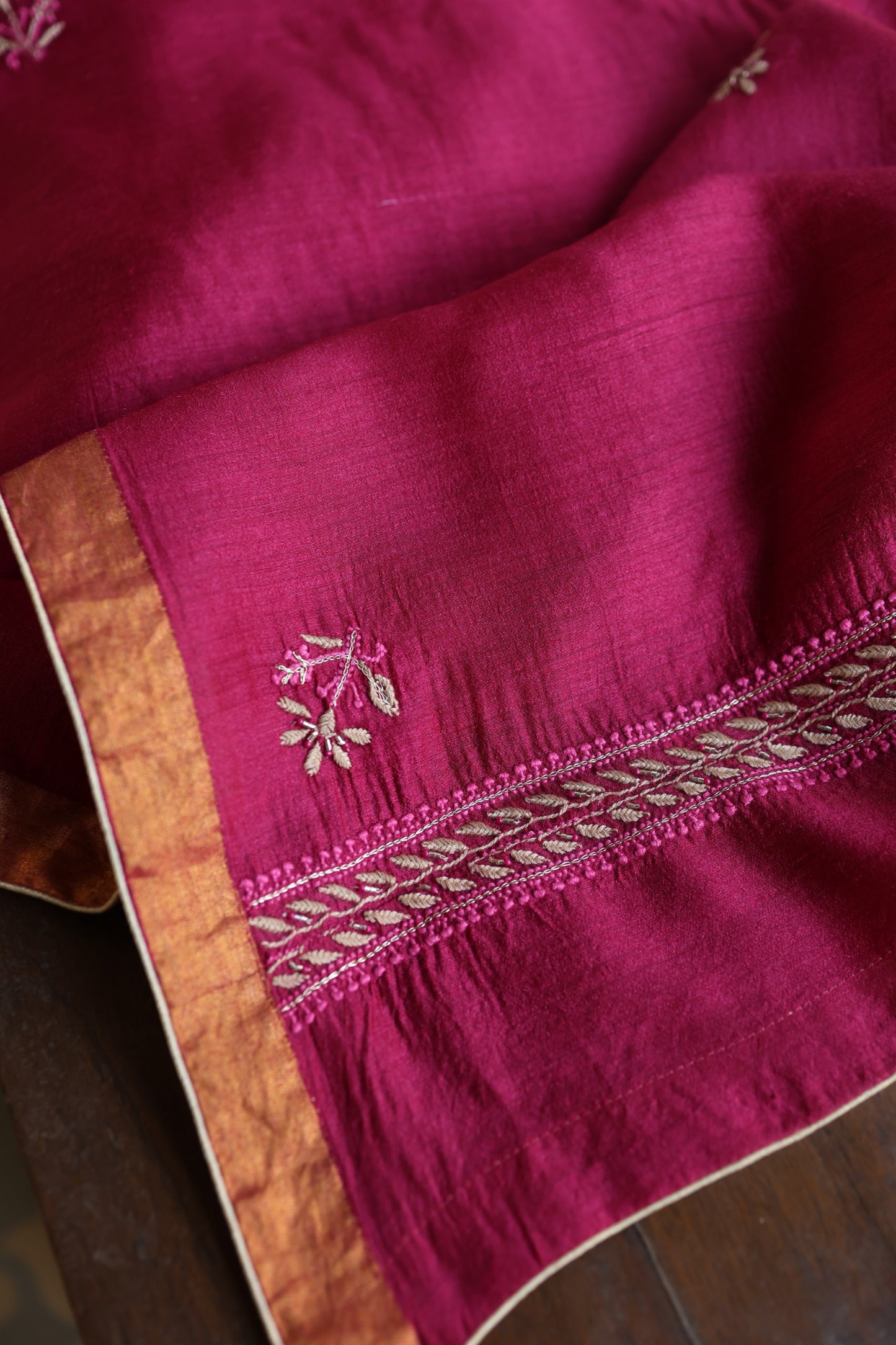 Hot Pink Moonga Silk Chikankari Unstitched Fabric