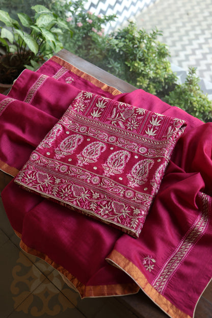 Hot Pink Moonga Silk Chikankari Unstitched Fabric