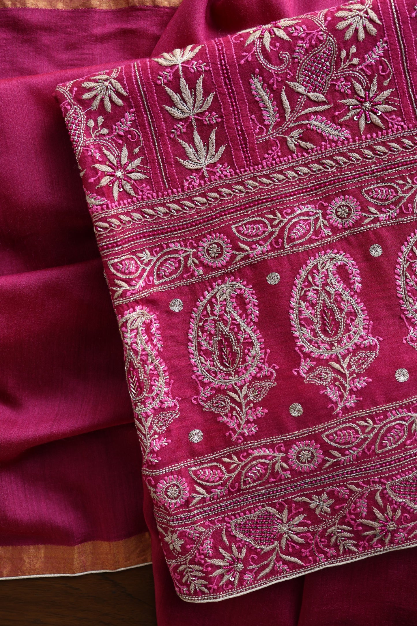 Hot Pink Moonga Silk Chikankari Unstitched Fabric