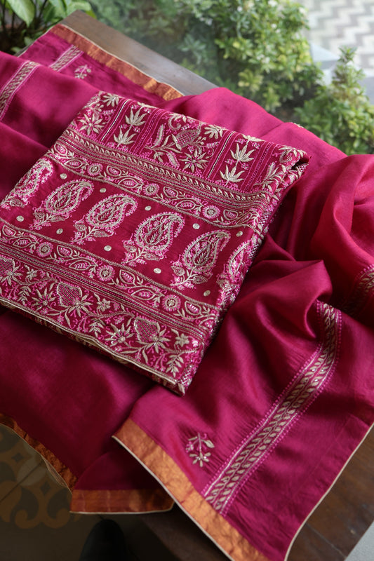 Hot Pink Moonga Silk Chikankari Unstitched Fabric