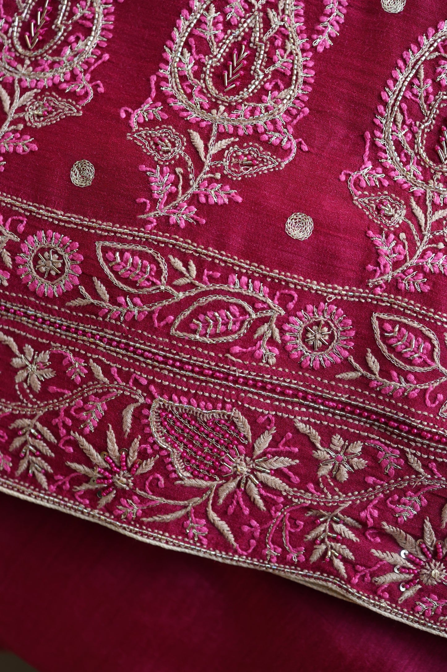 Hot Pink Moonga Silk Chikankari Unstitched Fabric