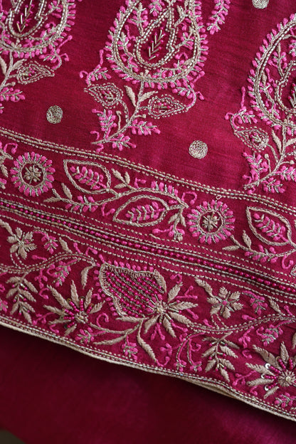 Hot Pink Moonga Silk Chikankari Unstitched Fabric