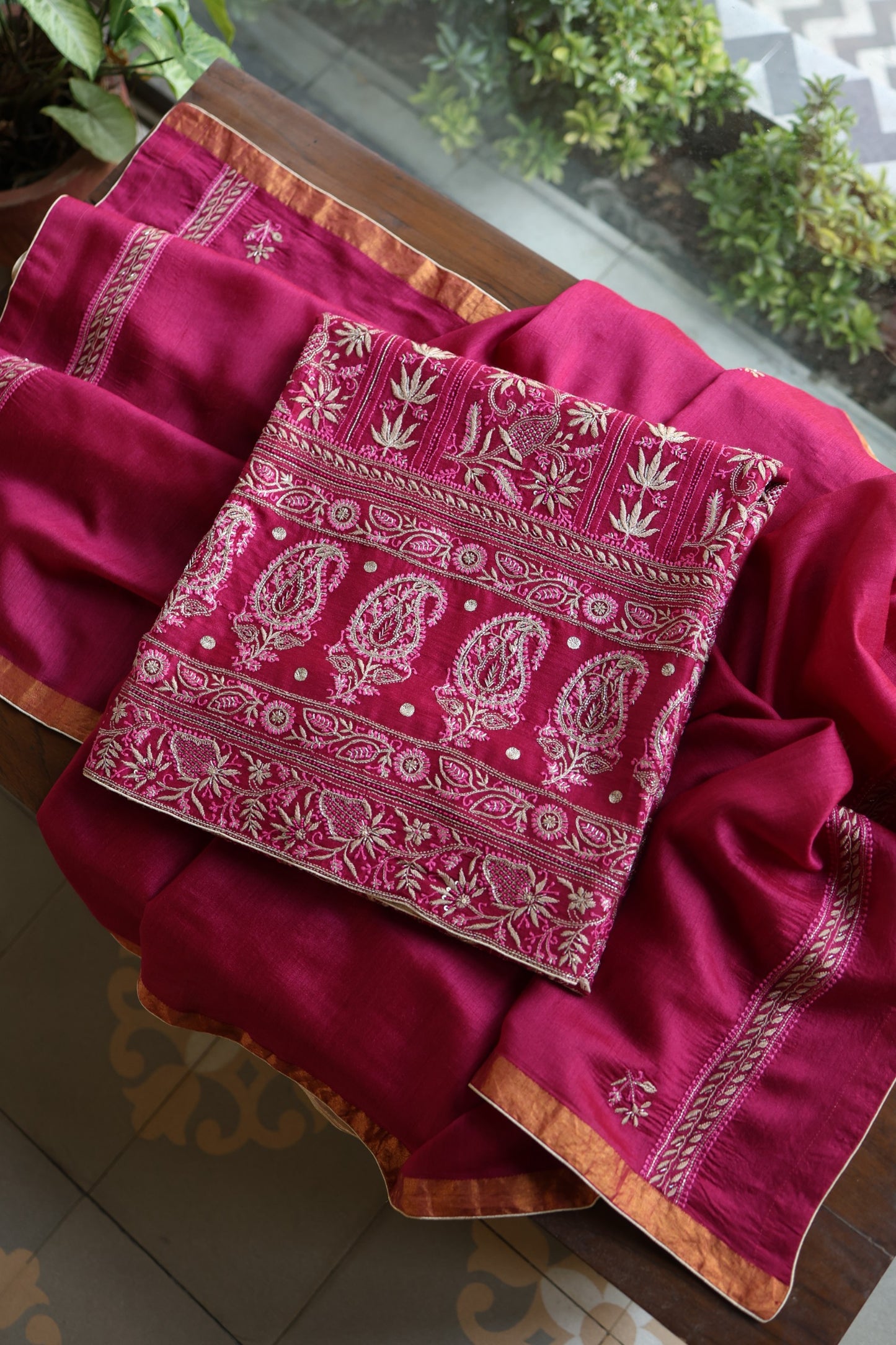 Hot Pink Moonga Silk Chikankari Unstitched Fabric