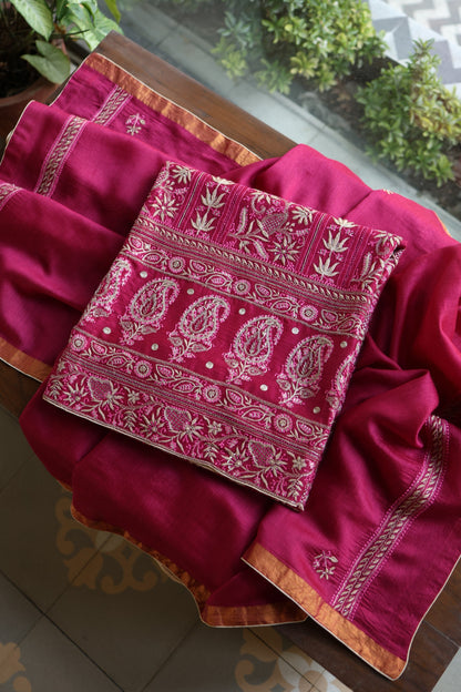 Hot Pink Moonga Silk Chikankari Unstitched Fabric