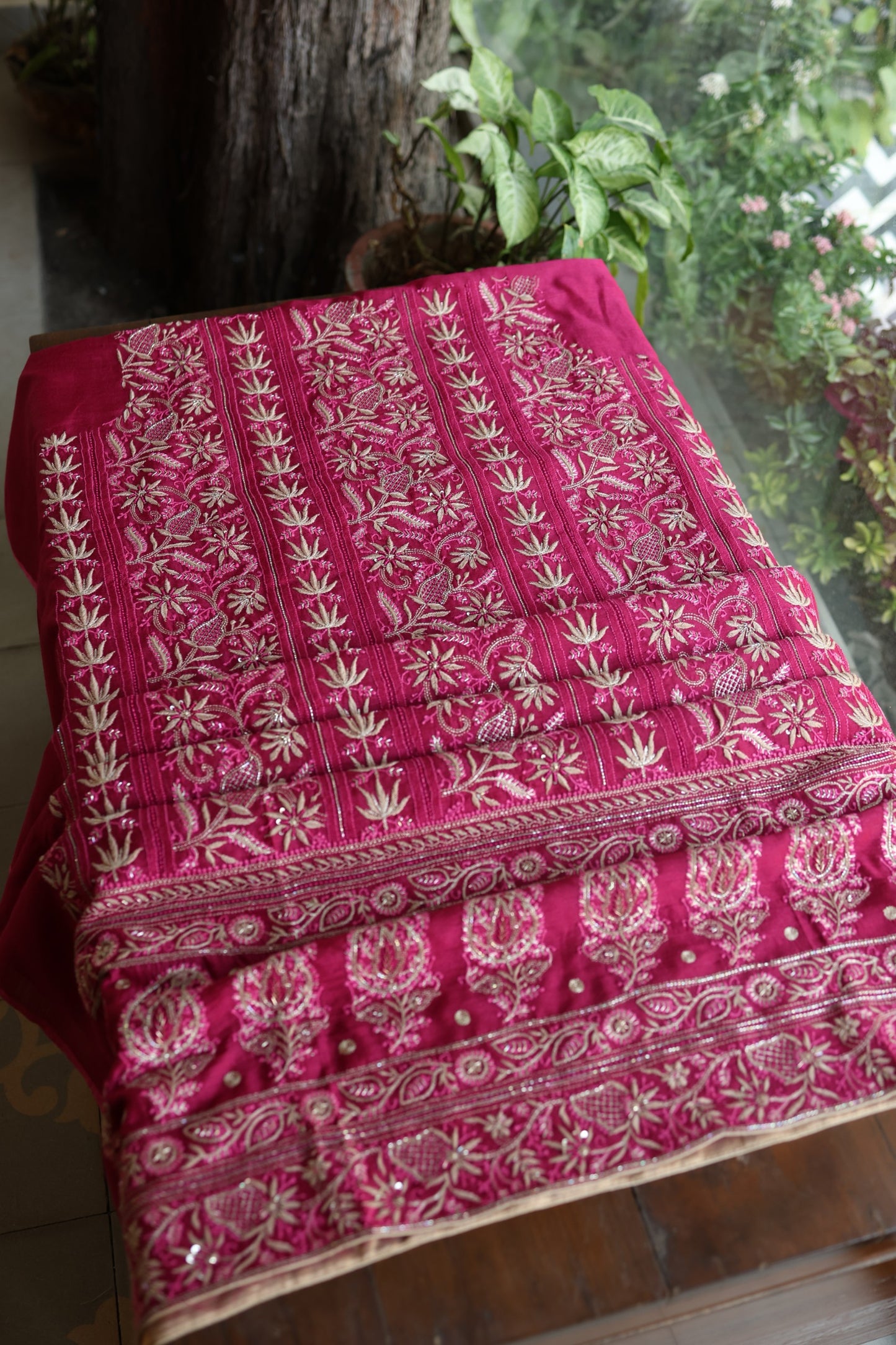 Hot Pink Moonga Silk Chikankari Unstitched Fabric