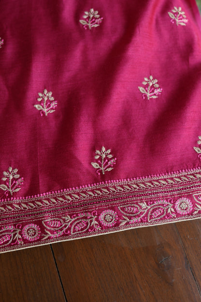 Hot Pink Moonga Silk Chikankari Unstitched Fabric