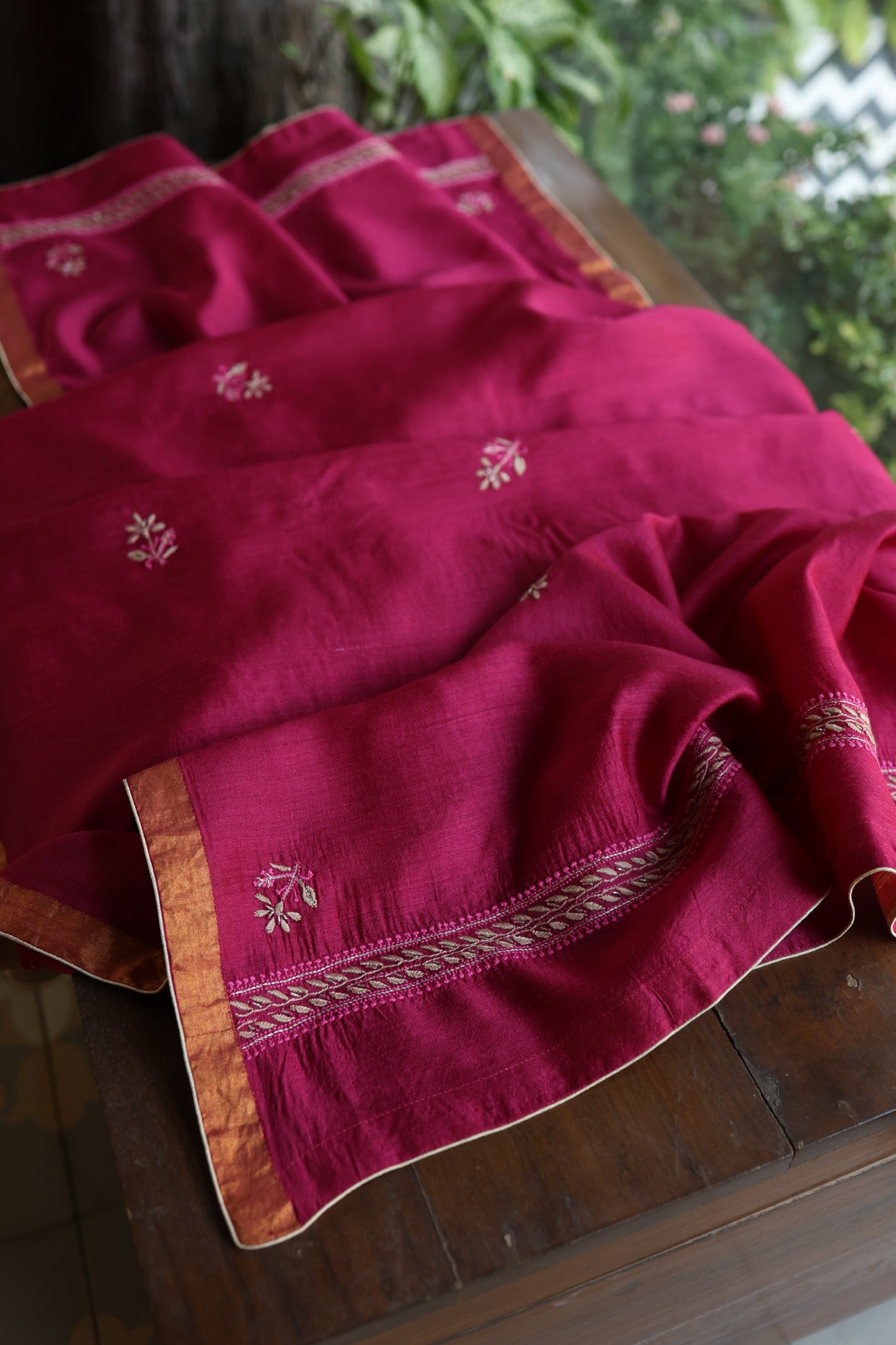 Hot Pink Moonga Silk Chikankari Unstitched Fabric