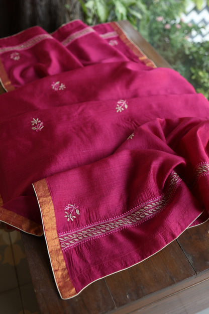 Hot Pink Moonga Silk Chikankari Unstitched Fabric